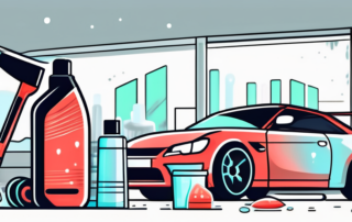 A variety of car cleaning tools such as a bucket filled with soapy water