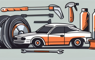 A car with visible dents and a set of auto repair tools next to it