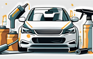 A car being painted with various tools like a spray gun