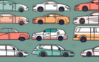 Several cars in different colors lined up side by side