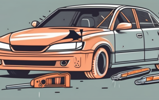 A damaged plastic bumper of a car with various repair tools like a heat gun