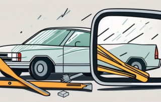 A broken car side mirror with tools around it