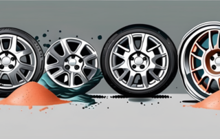 A set of dirty aluminum car wheels on the left and the same set sparkling clean on the right