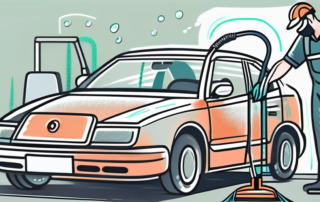 A car being meticulously cleaned with various tools like a vacuum cleaner