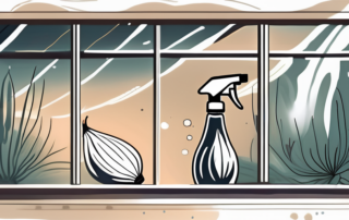 A window sparkling clean with a whole and a half-cut onion next to a natural homemade cleaning solution in a spray bottle
