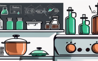 A professional kitchen environment featuring various chemical bottles and cooking utensils