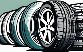Various car tires undergoing different types of maintenance such as being inflated