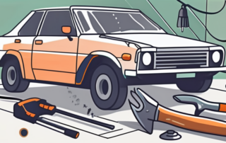 A car with a visible dent being repaired with various tools like a hammer