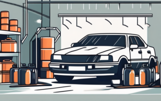 A car in a garage surrounded by various winter preparation items such as a car cover