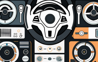 Various car parts and accessories like a steering wheel