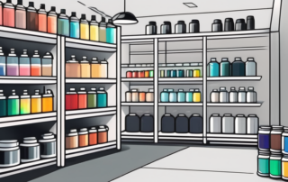 A well-organized store filled with various types of colorful paint cans and car detailing products
