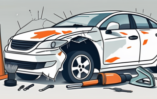 A damaged car bumper with various tools and plastic repair materials scattered around it