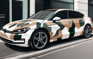 A car with a detailed camouflage wrap design