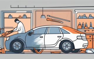 A car with visible scratches being fixed with various tools and products