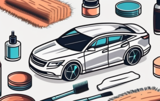 A car with visible scratches on its surface and a variety of car care products like wax