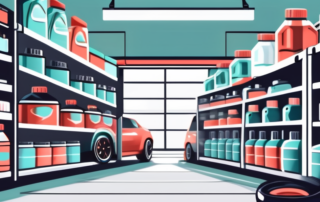 A well-organized car care shop with shelves full of various car care products