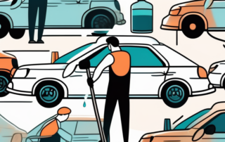 A car being cleaned with various cleaning tools like brushes and spray bottles