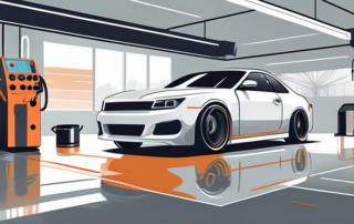 A car in a professional garage setting with visible spray painting equipment nearby