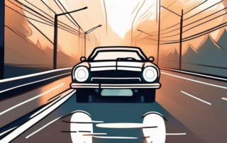 A car on a dimly lit road with its headlights shining brightly