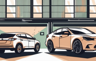 A car in a repair garage with a separate image of a rental car nearby