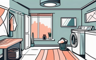 A laundry room scene with a washing machine