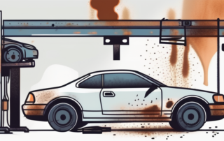 A car on a lift with visible rust on the underbody and tools nearby