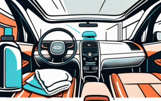 A car interior with various cleaning tools like vacuum