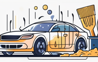 A car being washed with various cleaning tools like a bucket