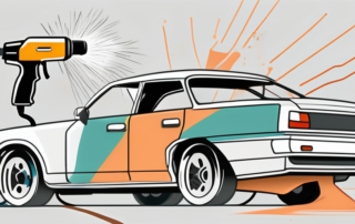 A car being spray-painted with various tools like spray guns and masking tape nearby