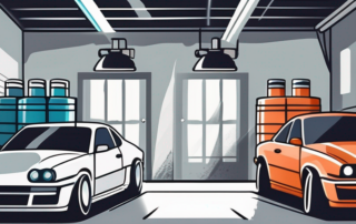 A car in a professional garage setting with various paint cans and spray guns nearby