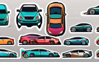 A variety of colorful and creatively designed car stickers placed on different parts of a sleek