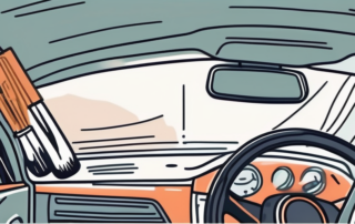 A car's dashboard with visible scratches and a set of cleaning tools nearby