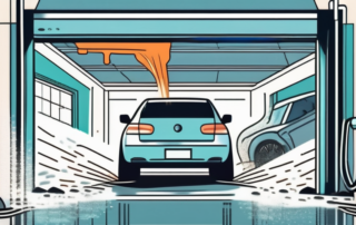 A car going through an automated car wash focusing on the undercarriage being cleaned