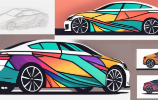 A sleek car half-covered with a colorful wrap