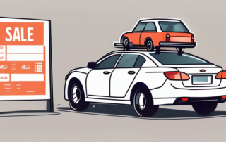 A car with price tags hanging from the rear-view mirror