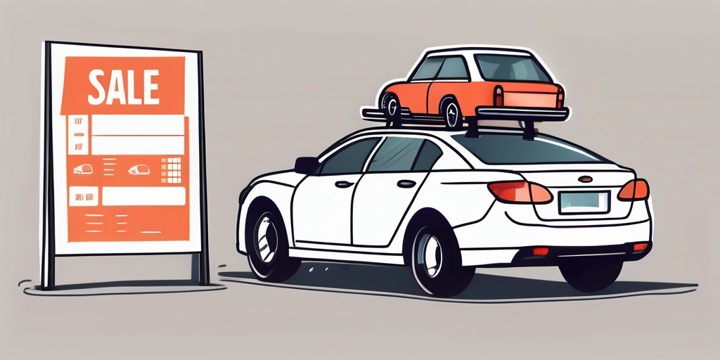 A car with price tags hanging from the rear-view mirror