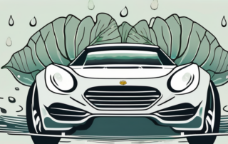 A car with lotus leaves on its windshield