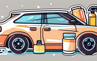 Several high-quality car cleaning tools such as a bucket filled with soapy water