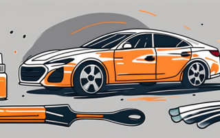 A car with visible paint damage and a set of car paint repair tools nearby