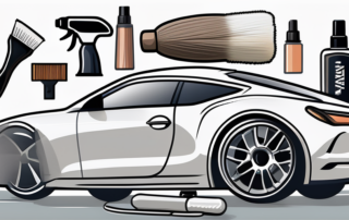 Various car detailing tools like a microfiber cloth