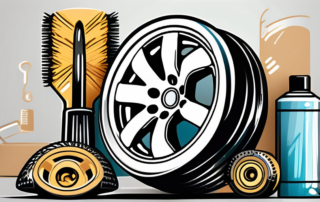 A set of shiny aluminum car wheels with various care tools like a brush