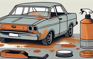 A car with spots of rust being treated with various tools and products