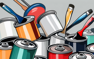 Various types of car paint cans with different colors and a car being painted