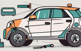 A car with visible minor damages being fixed by various smart repair tools