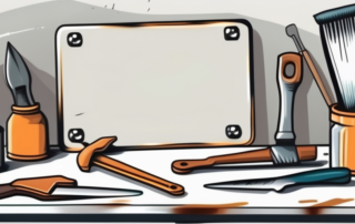 A workbench with various tools like a hammer