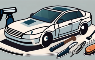 A car with visible dents and scratches in the process of being repaired