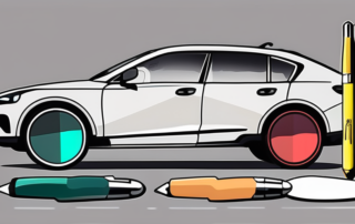 Various car paint pens placed next to a car with small scratches