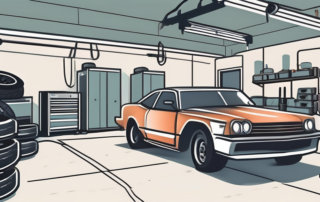 A car in an auto service garage with various tools and equipment around it