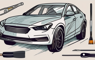 A car with visible paint scratches and a set of professional tools for auto body repair nearby