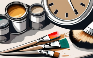 Various paint brushes and cans of paint in different stages of drying